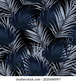 Fashionable seamless tropical pattern with blue tropical fan palm leaves on a black background. Beautiful exotic plants. Trendy summer Hawaii print. 