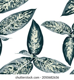 Fashionable seamless tropical pattern with blue tropical exotic leaves on a white background. Beautiful exotic plants. Trendy summer Hawaii print. 