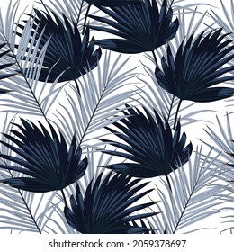 Fashionable seamless tropical pattern with blue tropical exotic leaves on a white background. Beautiful exotic plants. Trendy summer Hawaii print. 