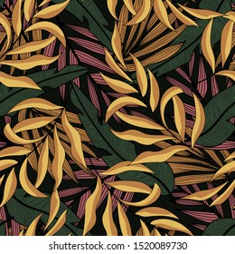 Fashionable seamless tropical pattern with bright green and yellow leaves and plants on dark background. Beautiful exotic plants. Tropic leaves in bright colors. Exotic jungle wallpaper.