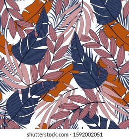 Fashionable seamless tropical pattern with bright orange and pink plants and leaves on white background. Modern abstract design for fabric, paper, interior decor. 
Beautiful exotic plants. 