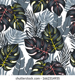 Fashionable seamless tropical pattern with bright plants and leaves on a white background. Vector design. Jungle print. Floral background.  Tropical botanical.