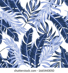 Fashionable seamless tropical pattern with bright plants and leaves on a white background. Seamless pattern with colorful leaves and plants. Summer colorful hawaiian.