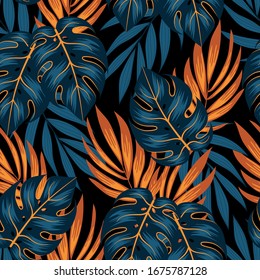 Fashionable seamless tropical pattern with bright plants and leaves on a dark background. Jungle leaf seamless vector floral pattern background. Exotic jungle wallpaper.