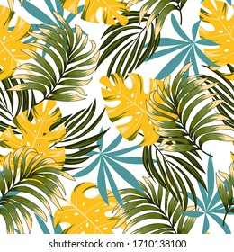 Fashionable seamless tropical pattern with bright plants and leaves on a white background. Beautiful print with hand drawn exotic plants. Tropical botanical.