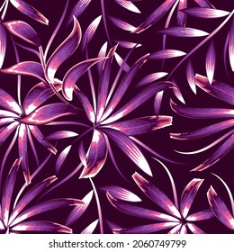 Fashionable seamless tropical pattern with bright plants and bamboo leaves on a purple background. Beautiful exotic plants. Trendy summer print design. Colorful stylish floral.