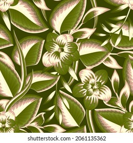 Fashionable seamless tropical pattern with bright plants and leaves on a delicate background. Beautiful floral background with a green and light color combination. Trendy Colorful