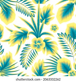 Fashionable seamless tropical pattern with bright blue and yellow plants  leaves on a delicate background. Beautiful exotic plants. Trendy summer Hawaii print. colorful plants