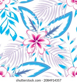 Fashionable seamless tropical pattern with bright plants and leaves on white background. Beautiful exotic plants. Trendy summer Hawaii print. Colorful stylish floral. fabric texture. nature wallpaper