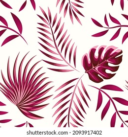 Fashionable seamless tropical pattern with bright plants and leaves on white background. Beautiful exotic plants. Trendy summer Hawaii print. monochromatic stylish. Exotic tropics. Summer design