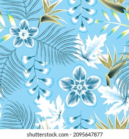 Fashionable seamless tropical pattern with bright plants and leaves on sky blue background. Beautiful exotic plants. Trendy summer Hawaii print. Colorful stylish floral. vector design. prints texture