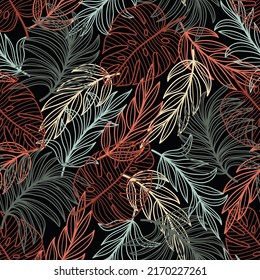 Patrón tropical de moda sin fisuras con plantas brillantes y hojas sobre un fondo negro. Hermoso patrón vectorial floral sin costura. Papel de pared exótico. El hawaiano veraniego colorido.