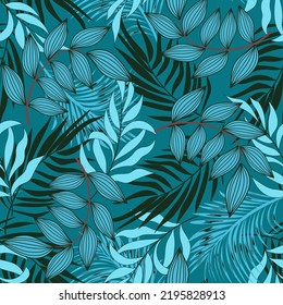 Patrón tropical de moda sin fisuras con plantas brillantes y hojas sobre un fondo azul fresco. Patrón exótico sin foco con plantas tropicales. Estilo hawaiano.