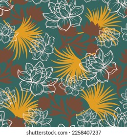 Fashionable seamless tropical pattern with bright plants and leaves on a green background. Summer colorful hawaiian seamless pattern with tropical plants. Vintage pattern.