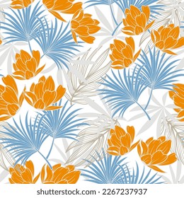 Fashionable seamless tropical pattern with bright plants and flowers on a white background. Tropic leaves in bright colors. Hawaiian style. Beautiful exotic plants. 