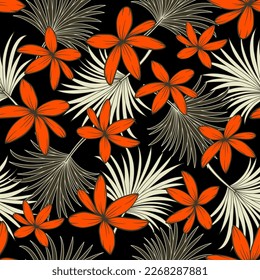 Fashionable seamless tropical pattern with bright plants and flowers on a black background. Exotic wallpaper. Beautiful seamless vector floral pattern. Tropic leaves in bright colors.