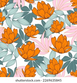 Fashionable seamless tropical pattern with bright plants and flowers on a gray background. Jungle leaf seamless vector floral pattern background. Exotic tropics. Summer. Vintage pattern.