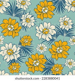 Fashionable seamless tropical pattern with bright plants and flowers on a blue background. Summer colorful hawaiian. Seamless pattern with colorful leaves and plants. Exotic jungle wallpaper.