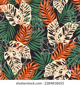 Patrón tropical moderno y sin fisuras con plantas y flores brillantes en un fondo oscuro. Colorido y elegante, florido. Tropos exóticos. Verano. Hojas tropicales en colores brillantes.