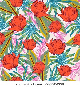 Patrón tropical moderno y sin fisuras con flores brillantes y plantas en un fondo claro. Patrón exótico sin foco con plantas tropicales. Hermosa impresión con plantas exóticas dibujadas a mano.