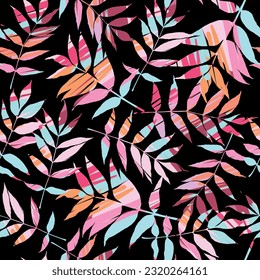 Fashionable seamless tropical pattern with bright plants and leaves on a bright background. Beautiful exotic plants. Trendy summer Hawaii print. Colorful stylish floral.