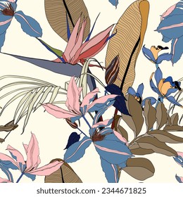 Fashionable seamless tropical pattern with exotic, clematis strelitzia, orchids flowers. Line stylish floral on blue brown colors background.