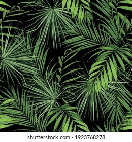 Fashionable seamless tropical pattern with green tropical palm leaves on a black background. Beautiful exotic plants. Trendy summer Hawaii print. Line stylish floral.