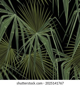 Fashionable seamless tropical pattern with green tropical fan palm leaves on a black background. Beautiful exotic plants. Trendy summer Hawaii print. 