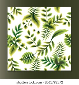 Fashionable seamless tropical pattern with green plants and leaves on a delicate background. Beautiful exotic plants. Trendy summer Hawaii print. Colorful nature stylish