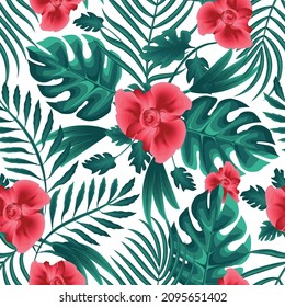 Fashionable seamless tropical pattern with green monochromatic monstera fern leaves plant and palm foliage on white background. Beautiful exotic plant. Trendy summer Hawaii print. Summer themed design