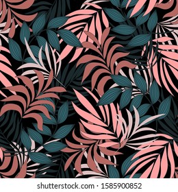 Fashionable Seamless Tropical Pattern With Hot Pink And Blue Plants And Leaves On Black Background. 
Colorful Stylish Floral. Beautiful Print With Hand Drawn Exotic Plants.