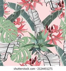 Fashionable seamless tropical pattern with tropical leaves and flowers. Line stylish floral on pink background.