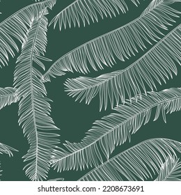 Fashionable seamless tropical pattern with line tropical  palms leaves on a green background. Beautiful exotic plants. Trendy summer Hawaii print. 