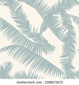 Fashionable seamless tropical pattern with palm silhouette, tropical leaves on a beige background. Beautiful exotic plants. Trendy summer Hawaii print. 