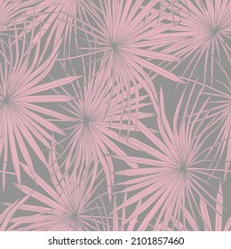 Fashionable seamless tropical pattern with pink tropical fan palm leaves on a grey background. Beautiful exotic plants. Trendy summer Hawaii print. 