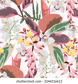 Fashionable seamless tropical pattern with tropical pink leaves and exotic pink, white flowers. Stylish floral background.