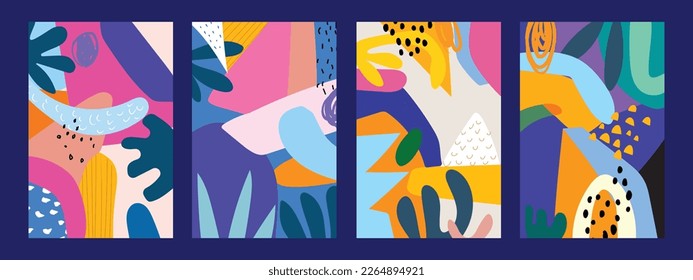 A fashionable set of abstract bright cards with tropical, flower and leaves hand drawn vector illustration. Creative doodle and various shapes and texture.