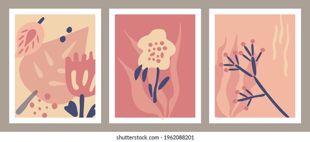 A fashionable set of abstract cards with leaves and flowers, creative doodles.Applicable for wallpaper, cover art.seals.invitations,wall art.