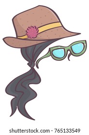 Fashionable set with cool brown hat, black head scarf and green sunglasses 