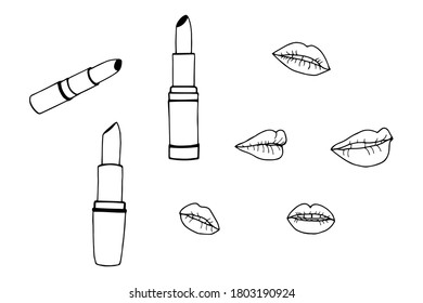 Fashionable set of lipsticks and lips. Vector stock illustration eps10. Outline. Hand drawing. White background.