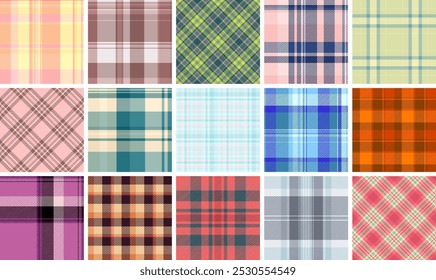 A fashionable set of plaid textile patterns with geometric squares and stripes, perfect for creating trendy clothes or decorative wallpapers.