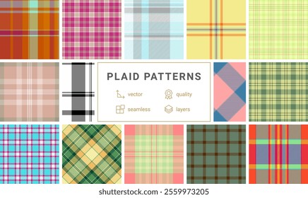 A fashionable set of plaid textile patterns with geometric squares and stripes, perfect for creating trendy clothes or decorative wallpapers.