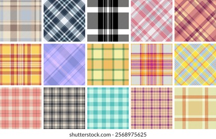 A fashionable set of plaid textile patterns with geometric squares and stripes, perfect for creating trendy clothes or decorative wallpapers.