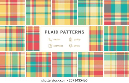 A fashionable set of plaid textile patterns with geometric squares and stripes, perfect for creating trendy clothes or decorative wallpapers.