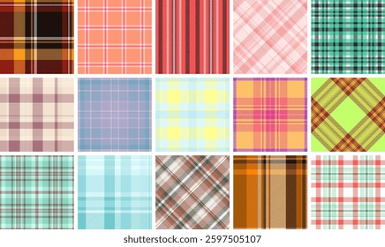 A fashionable set of plaid textile patterns with geometric squares and stripes, perfect for creating trendy clothes or decorative wallpapers.