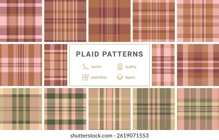 A fashionable set of plaid textile patterns with geometric squares and stripes, perfect for creating trendy clothes or decorative wallpapers.