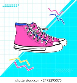 Fashionable shoes in bright colors (pink, blue), Canvas shoes. Fashion style high-top sneakers.Lace-up shoes. Poster vintage hits. 1990s Retro elements. hand drawn illustrations.