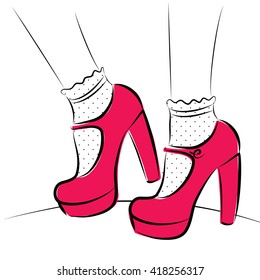 Fashionable shoes/ Bright pink stylish women shoes with high heels. At the foot of the girls also put on lacy socks with polka dots.