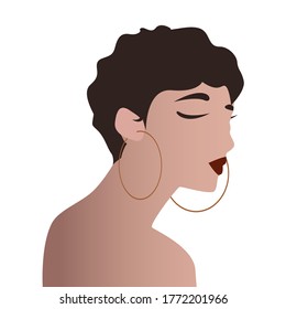 Fashionable silhouette of a girl with short hair and big earrings.illustration shows a girl's head