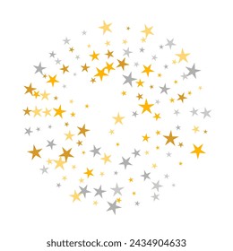 Fashionable silver and gold stars falling scatter pattern. Many stardust spangles holiday decoration elements. Baby shower stars falling backdrop. Spangle symbols congratulations decor.